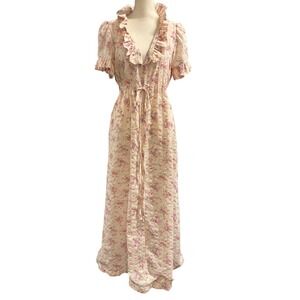 Vintage Loungees Dress Women16 Pink Floral Maxi Ruffle Neck Cottagcore Romantic